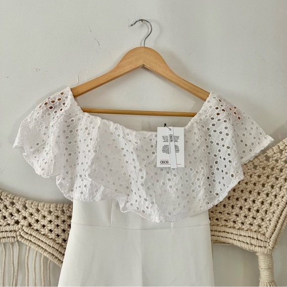 NWT ASOS Design White Scuba Eyelet Off Shoulder Broderie Trim Pephem Midi Dress - Picture 6 of 8